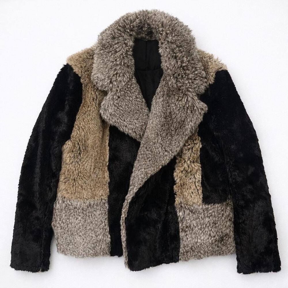 Teddy Bear Faux Fur Y2K Patchwork Cozy Chunky Jacket Gray Black XL‎ Homie